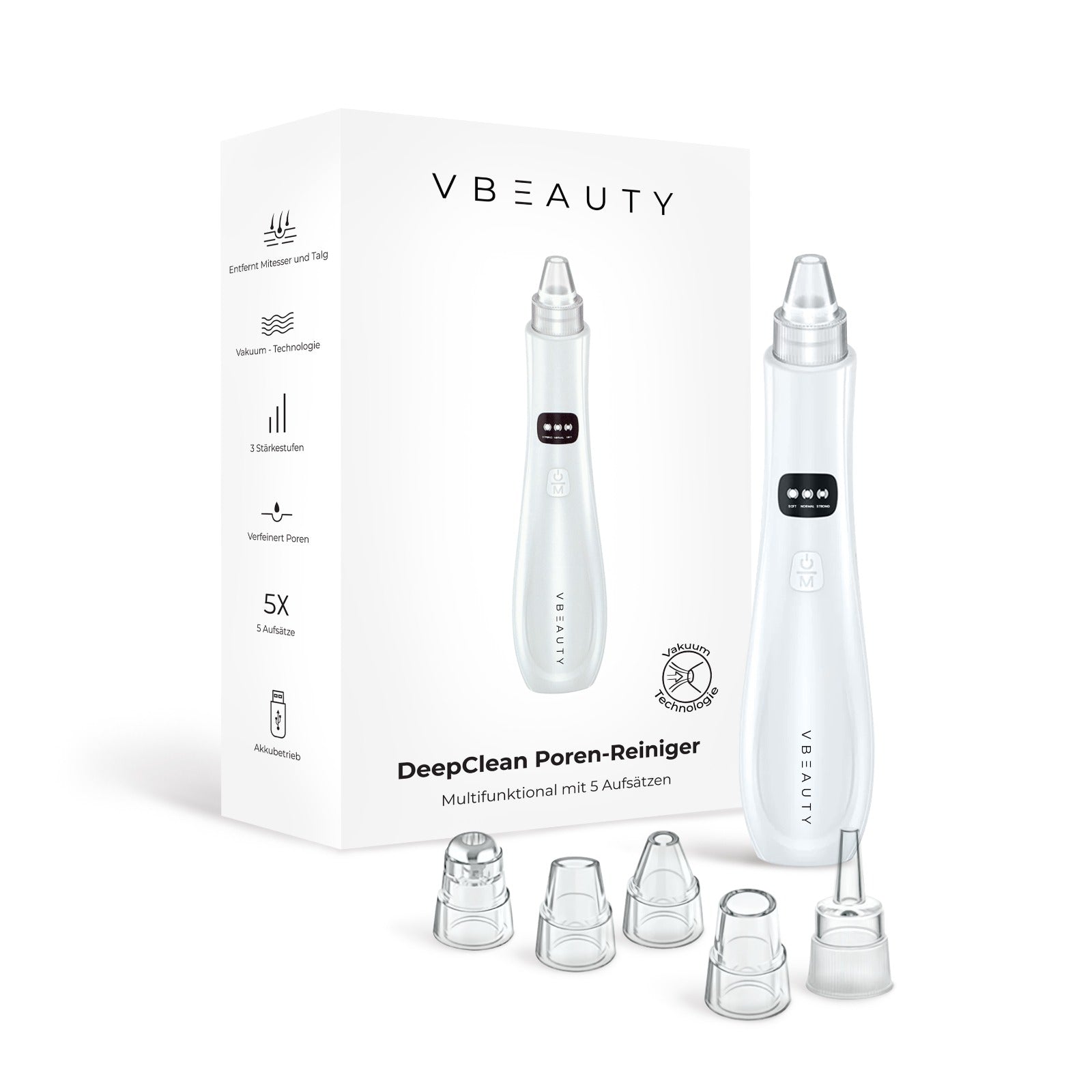 Der VBEAUTY DeepClean Pro Vakuum Poren-Reiniger sorgt für eine gründliche Hautreinigung, entfernt Mitesser und abgestorbene Hautzellen schonend mit Vakuumtechnologie.