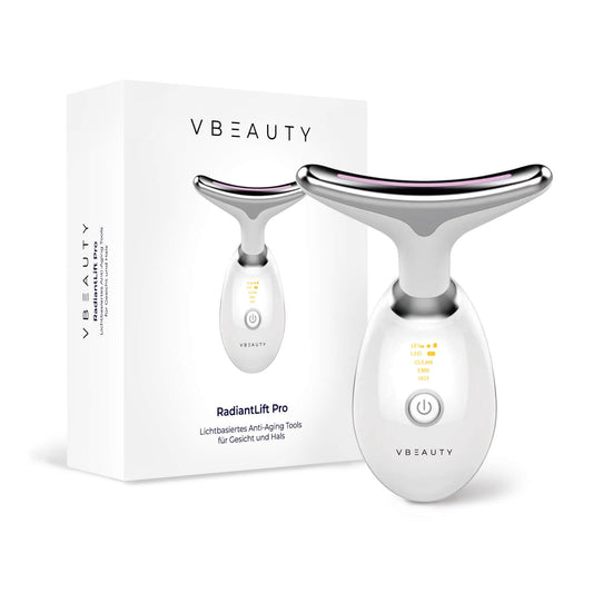 Das Gesichtspflegegerät VBEAUTY RadiantLift Pro bietet eine umfassende Behandlung für Gesicht und speziell den Hals zur Reduktion von Falten